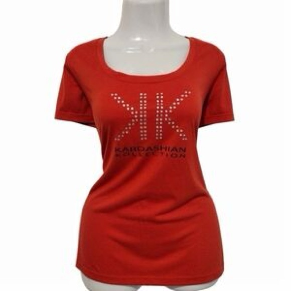 EUC Kardashian Kollection Women’s Rhinestone T-Shirt in Coral/Red Orange - Picture 1 of 5